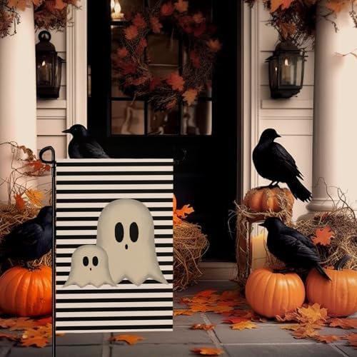 Halloween Garden Flags 12x18 Inch Ghost Black and White Stripes Small Flags for Outside Holiday Scary Yard Flag for Lawn Outdoor Decorations Sign
