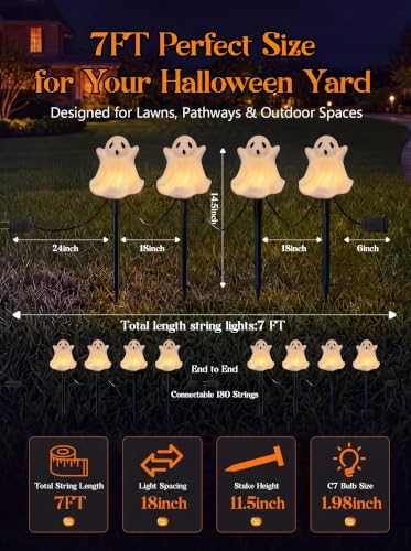 Goothy Halloween Ghosts Pathway Marker Lights, 4 White Ghosts with 4 Stakes, 7Ft Extendable Pathway String Lights, Waterproof for Halloween Lawn Walkway Driveway Markers