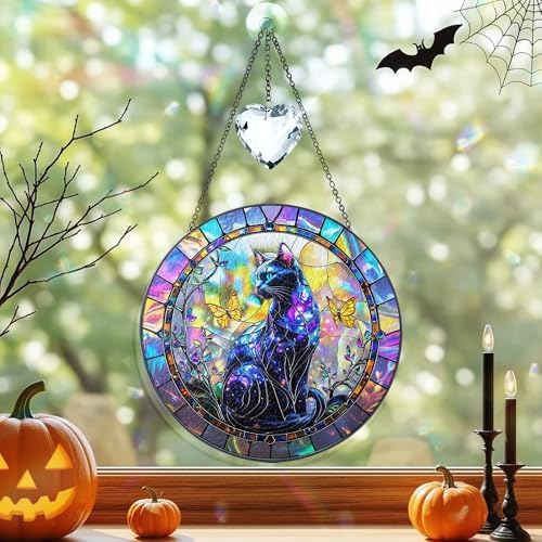 Galaxy Cat Stained Glass Suncatcher, Mystical Gothic Halloween Decoration, Butterfly Sun Catcher Window Hanging, Celestial Crystal Ornament, Halloween, Autumn Spooky Gift for Cat Lovers, Women, Mom