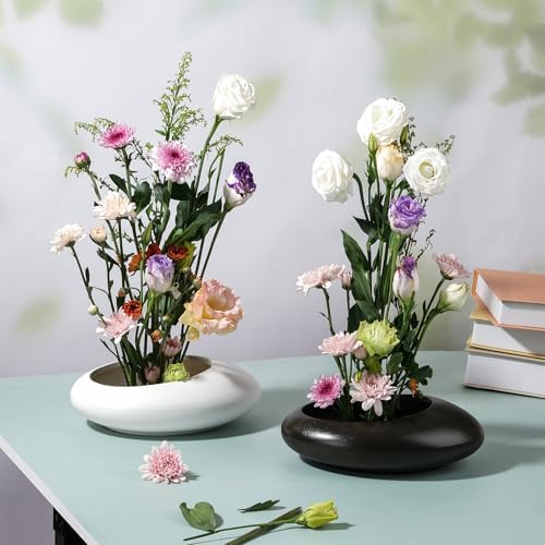 8 Inch Ikebana Vase with Flower Frog White Ceramic Bowl Vases with Silver Stem Holder and Kenzan Straightener Japanese Pebble Shaped Floral Arrangement Bowl for Home Decor