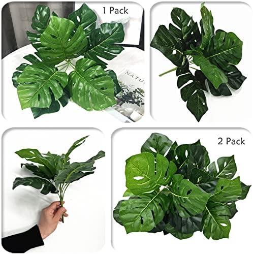 PASYOU Artificial Plants Fake Tropical Monstera Shrubs Decoration Faux Turtle Palm Leaves Stems Bushes Plant for Outdoor Indoor Greenery Garden Party Wedding Office DIY Floral Arrangement Decor 2 Pack