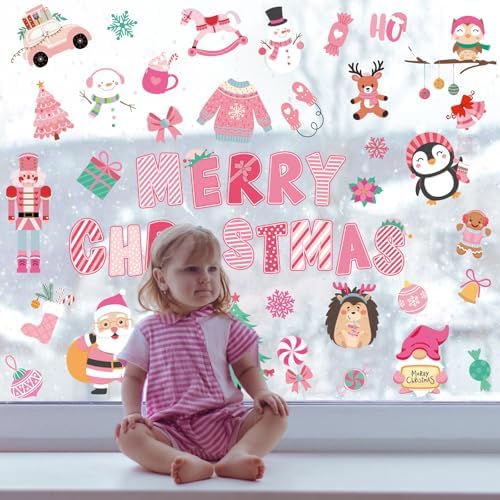 Whaline 9 Sheets Merry Christmas Window Cling Stickers Pink Cartoon Santa Snowman Penguin Reusable Window Decals for Xmas Winter Party Home Office Classroom Decoration