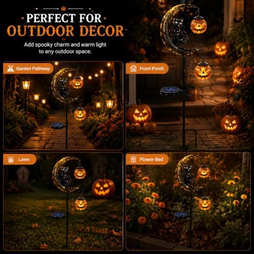 CRILEAL Solar Halloween Black Cat & Pumpkin Moon Garden Stake Light