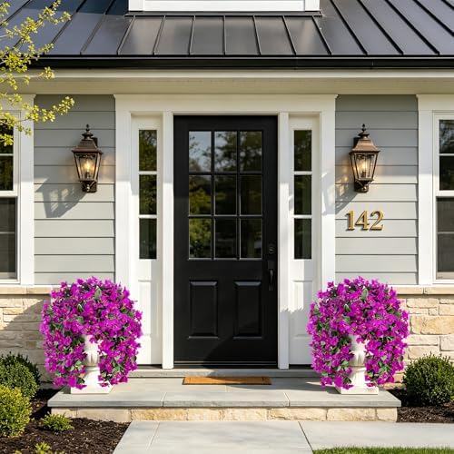 Faux Bougainvillea Artificial Flowers Plants for Outdoors Outside Decoration, 2 pcs Purple Fake Flowers UV Resistant Look Real Silk Long Trailing Vines for Front Door Porch Planter Urn Patio Garden