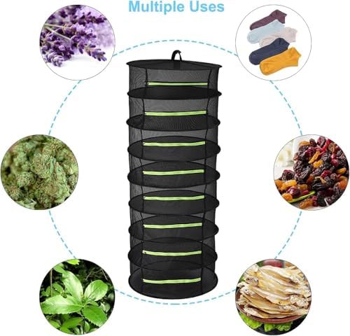 Herb Drying Rack Hanging 8 Layer, 2ft Collapsible Herb Dryer Mesh with Zipper, Garden Gloves, Hook, Plant Net Dry Rack for Drying Seeds, Buds, Grass, Hydroponic Plants for Outdoor Harvest 24"D x 63"H