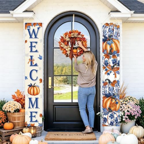 AIBIIN Blue and White Chinoiserie Pumpkin Porch Banner Welcome Fall Decor