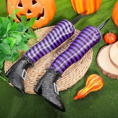2 Pack Halloween Wicked Witch Legs, Upside Down Stripe Legs Yard Stakes Outdoor，Purple