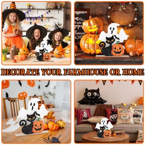 Halloween Decorations Indoor Wooden Black Cat Halloween Decor Ghost Table Sign Pumpkin Table Centerpieces Standing Tabletop Decoration for Holiday Desk Tiered Tray Party Shelf Decorations Farmhouse