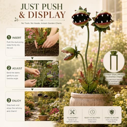 Metal Carnivorous Plant Garden Stake, 2026 New 25-Inch Venus Flytrap Yard Art Decor, Durable Yard Art for Flower Beds, Lawn Garden Patio Halloween Gothic Yard Decoration