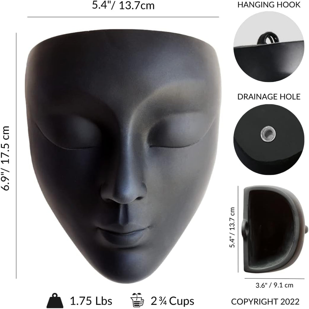 Face Planter, Wall-Mountable Vertical Planter with Drainage Hole, 6x5.25x3.5 inches, Concrete, Black, Modern Style