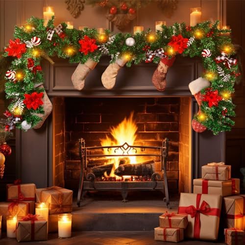 Christmas Garland with Lights, Pre-lit 9ft Christmas Decorations