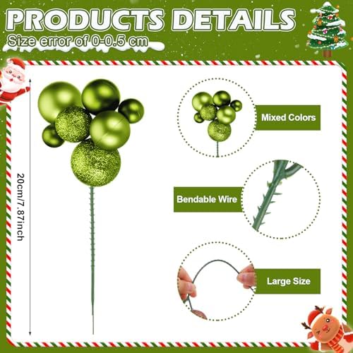 Daifunli 8 Pcs Lime Green Christmas Tree Picks 7.87 Inch Christmas Balls Ornaments Xmas Hanging Peppermint Decorations for Xmas Tree Topper DIY Wreath Holiday Floral Vase Filler Crafts Home Decor