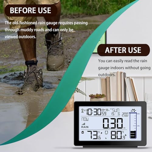 Wireless Rain Gauge Outdoor, Self-Emptying Digital Rain Gauges Outdoors Best Rated, Electronic Rain Measure Gauge for Yard, Freeze Proof Rain Gauge with Thermometer, Remote Rain Meter for Garden