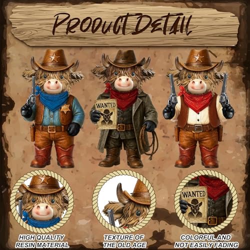 3 Pcs Highland Cow Resin Figurine, Western Cowboy Decor