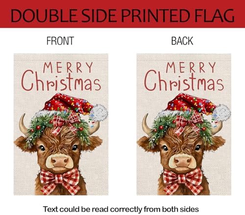 Merry Christmas Cow Garden Flags 12x18 Vertical Double Sided Outside, Highland Cow Yard Flag Outdoor Holiday Seasonal Winter Decorations for Home