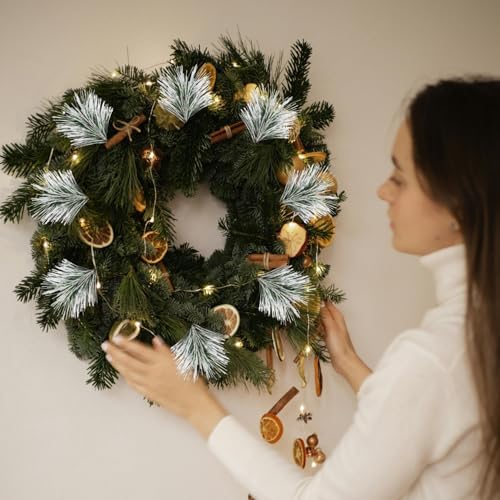 Artificial Green Pine Needles Branches, 50 PCS Small Pine Twigs Stems Picks, Fake Greenery Pine Picks for Christmas Garland, Wreath, Home Holiday Decoration (50, Green White)