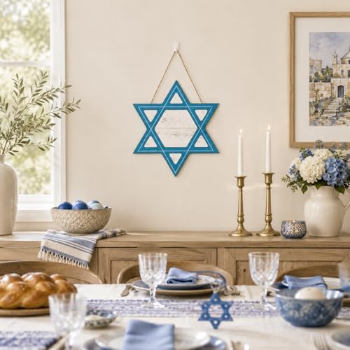 Smile Rosh Hashanah Wooden Door Hanger, Star of David Front Door Sign for Jewish New Year Home Decor