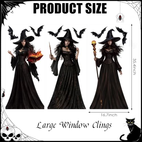 LOAVER Halloween Window Cling Sticker,3 Sheets Extra Large Double-Sided Witch Bats Silhouette Black Static Cling Decals for Halloween Party Haunted House Indoor Glass Window Decor