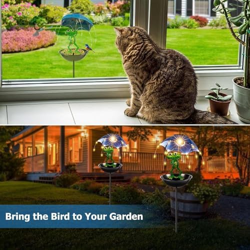 Solar Bird Feeder Frog Garden Decor, Outdoor Solar Lights Frog Figurine Lights with Umbrella, Hummingbird Feeder Decorative Path Lights Gardening Gifts for Women, Yard Art Ornament Bird Feeder