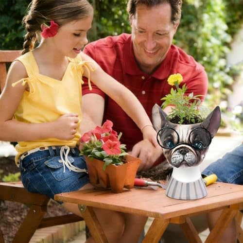 Made Funny Face Dog Flower Pots with Glasses - Standing Resin Planter Pot | YOUERDA; for Succulent & Trailing Plants