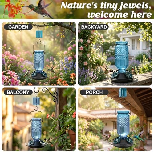 FEED GARDEN Glass Hummingbird Feeder for Outdoors Hanging, 16 OZ Humming Bird Feeders with 4 Bee Guard Feeding Ports & Built-in Ant Moat, Hummingbird Gifts for Mom Bird Feeder for Outside, Blue,2 Pack