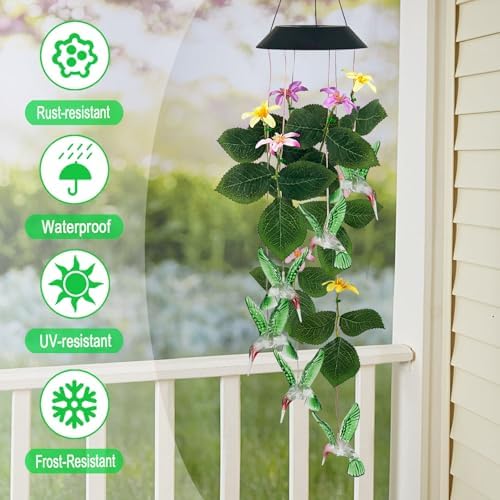 Hummingbirds Solar Wind Chimes Outdoor,Color Changing LED Dangler Mobiles
