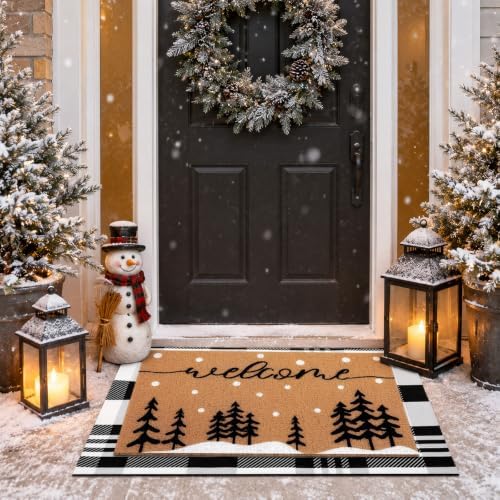 Tinideya 2 Pcs Christmas Layered Doormat Set for Front Porch, Snowy Tree
