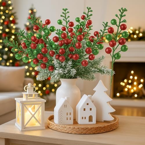 Geosar 36 Pcs Christmas Glittered Berries Stems, Red, Green