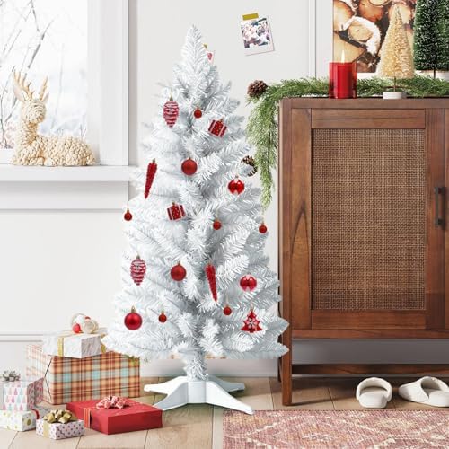 4ft Artificial Christmas Tree, Mini Xmas Pine Tree with 4-Leg Stable Plastic Base, Small Tabletop Christmas Tree for Home Office Holiday Party Indoor Decoration