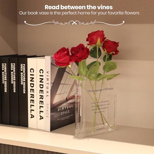 Alpharan Book Vase for Flowers Home Décor,Flower Vase Artistic and Cultural Flavor Decorative Vase Acrylic Clear Vase for Home and Office,Gifts for Book Lovers. (Transparent)