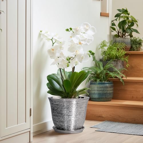 10 Inch Plant Pot, Ceramic Planter with Drainage Hole, Silver