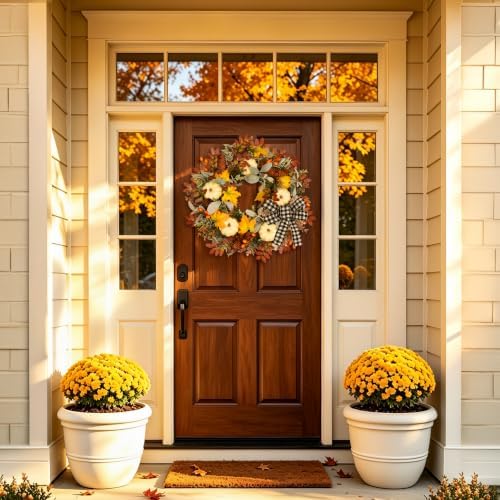 24" Fall Wreaths for Front Door Outside Pumpkin Autumn Wreath