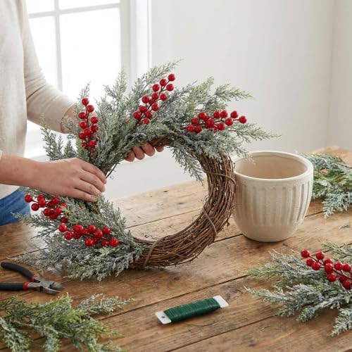 10 Pcs 18'' Christmas Snow Pine Branches with Red Berries,Norfolk Pine Stem
