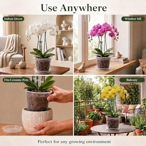 Orchid Pot -6 Pack 6 Inch Orchid Pots with Holes and Saucers, Clear Plastic Plant Pots with 8 Support Stakes and Clips, Orchid Repotting Kit for Indoor Plants (6 Inch)