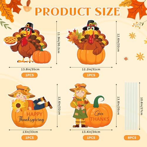 4Pcs Thanksgiving Outdoor Decorations Turkey Scarecrow Pumpkin Yard Signs with Stakes, Outdoor Thanksgiving Yard Decorations for Home Lawn Patio Garden Harvest Party
