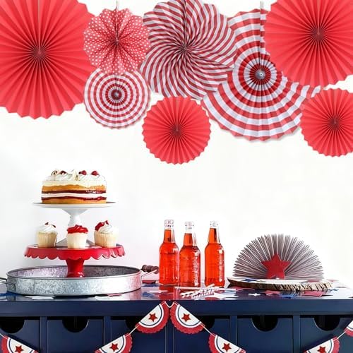 Red Party Deocations Hanging Round Paper Fan Decoration Set 8Pcs