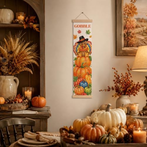 Fall Wall Hanging Decor, Gobble Turkey Canvas Banner for Harvest Party