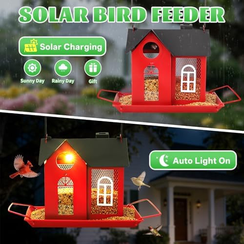 Solar Bird Feeder for Outdoors - Red Metal Hanging Bird Feeder with Solar Light, Decorative for Wild Cardinals, Finches, Weatherproof Backyard Garden Decor Ideal Gift for Women Mom Grandma