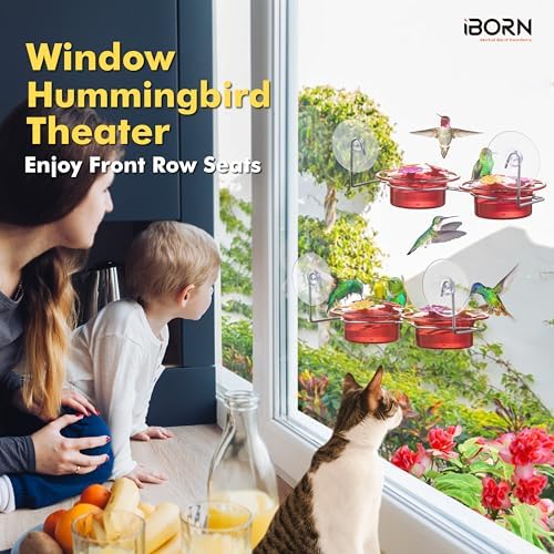 iBorn Window Hummingbird Feeder Hummingbird Feeder with Strong Suction Cup Mini Humming Bird Feeders for Outdoors, Bee-Proof Feeding Ports & Stainless Steel Base, 3oz, 2 Set, 2025 New