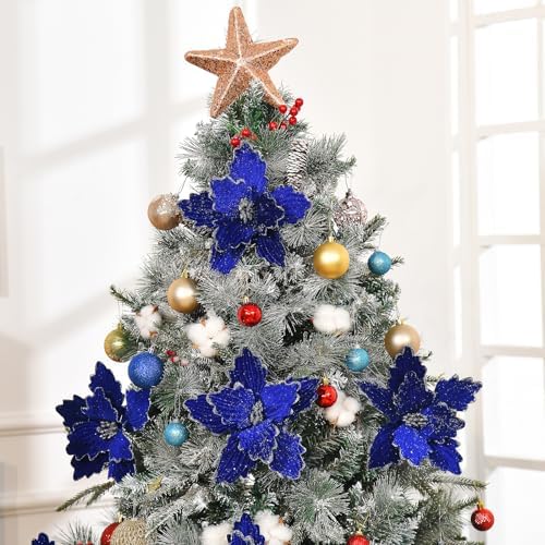 10 PCS Glitter Poinsettias, 8.7" Artificial Christmas Flowers, Royal Blue