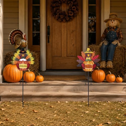 hogardeck Thanksgiving Decorations Outdoor, 38" Set of 2 Metal Turkey Decorative Garden Stakes for Thanksgiving Decor, Give Thanks Welcome Sign Turkey Yard Art for Fall Home Garden Lawn Patio
