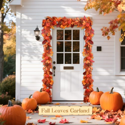 SHareconn 9ft Fall Garland with Lights and Timer for Mantle