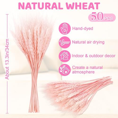 Sukh 50 Stems Dried Wheat Stalks - Pink Wheat Straw for Vases 13.3 in