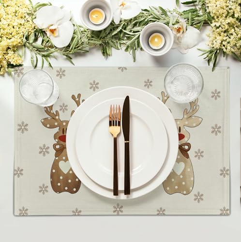 Christmas Reindeer Snowflakes Placemats Set of 4 Xmas Cute Elk Deer Place Mats 12x18 Seasonal Winter Holiday Farmhouse Linen Table Mats for Party Kitchen Dining Outdoor Indoor Decor