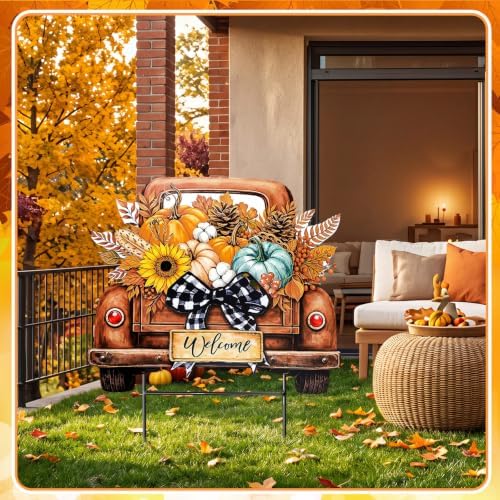 Weysat Fall Decor Outdoor Metal Pumpkin Truck Welcome Yard Sign with Bow