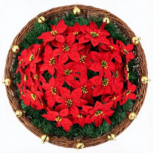 8 Pack Artificial Poinsettia Flowers, Large Red Velvet Poinsettia Bush Stems 11.8 Inch with 7 Flower Heads, Faux Xmas Flowers Picks with Green Leaves for Christmas Tree, Wreath, Garland, Vase Décor