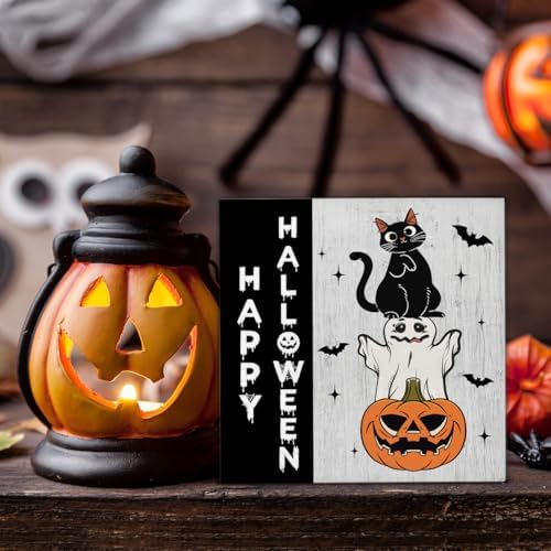 Happy Halloween Wooden Decor, Ghost Cat Pumpkin Block Sign