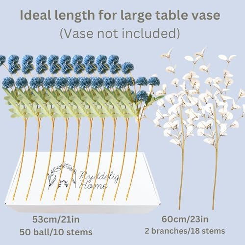 Faux Dusty Blue Flowers, 12 Blue and White Floral Stems For Centerpieces
