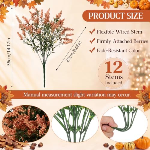 Zeyune 12 Pcs Fall Faux Yellow Orange Berry Stem, 14 Inch Sedum Berry Pick
