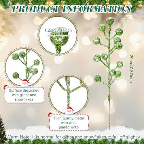 Geosar 30 Pieces Artificial Christmas Berry Picks with Snowflake Glitter Holly Berry Stems for Christmas Tree Ornaments Vases DIY Crafts Wedding Party Holiday Decor(Glitter Green)